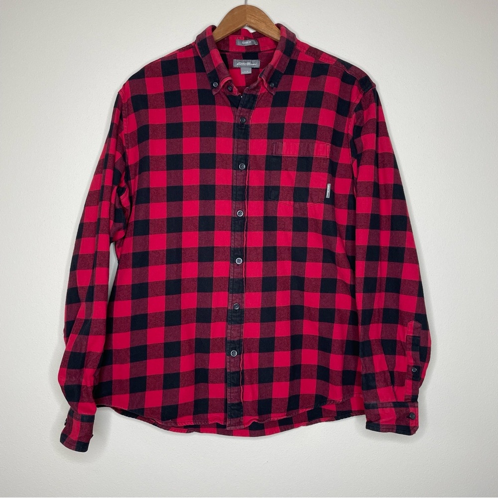 Eddie Bauer Bright Red and Black Buffalo Plaid 100% Cotton Flannel Shirt